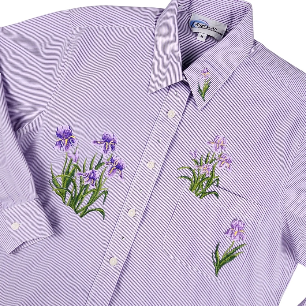 Las Olas Floral Embroidered Appliqué Button Up Shirt Purple Stripe Womens Medium